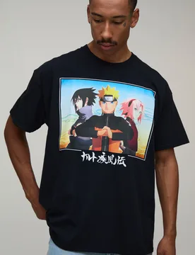 Mens Oversized Naruto Sakura License Print T-Shirt - Black Cotton - Size X-Small - boohooMAN - FashionsVida