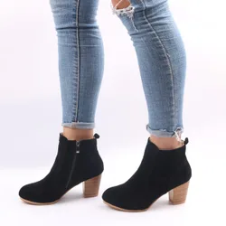 Botas de tobillo de tacón grueso con cremallera lateral y punta redonda para mujer, nuevas para otoño/invierno, botas de tobillo de tacón alto esti