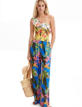 Pantalón Wide leg tropical, Mujer, Viscosa, Azul, XS
