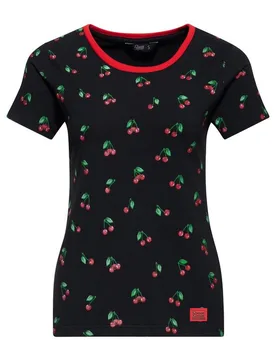 Rockabilly T-Shirt - Cherry“ Ringer T-shirt with all-over print - S bis M - für Damen - Größe M - schwarz - Frauen - female - Queen Kerosin - FashionsVida