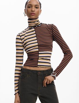 T-shirt manches longues à col roulé, , Coton, Marron, XS