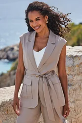 Womens Natural Linen Blend Longline Belted Waistcoat - Tan - Size 10 Uk