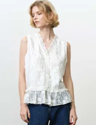 Pure Cotton Embroidered V-Neck Peplum Top White female