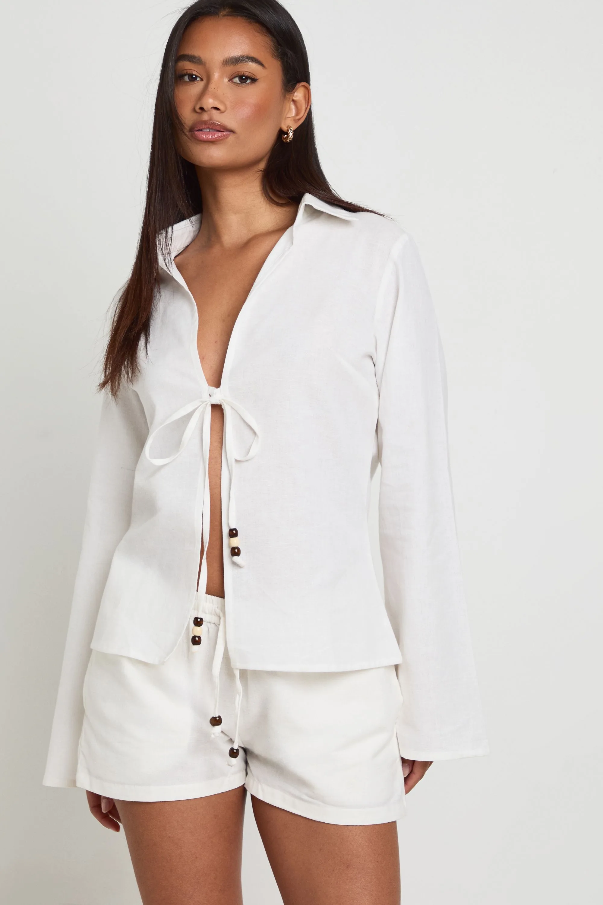 Womens Linen Look Beaded Tie Front Top - Natural - Size 10 Uk - Boohoo - FashionsVida