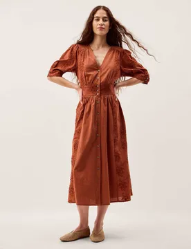 Pure Cotton Embroidered Midi Waisted Dress Brown Mix female - Monsoon - FashionsVida