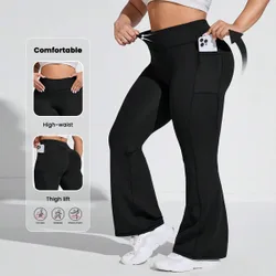 Pantalones deportivos de talla grande con cintura alta, pierna acampanada y bolsillos laterales para mujeres