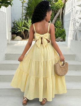 Vestido casual de vacaciones para niñas preadolescentes con tirantes con volantes, espalda descubierta y lazo, vestido de playa y vacaciones de veran