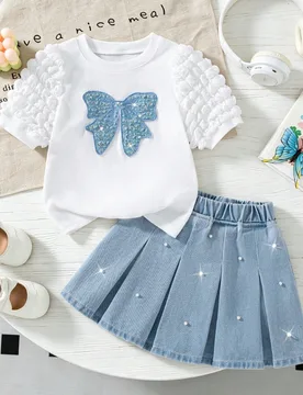 Conjunto de 2 piezas para niñas con top de lazo dulce y minifalda de mezclilla, nuevo lanzamiento de verano, estilo lindo y femenino, mezclilla azul - Shein - FashionsVida