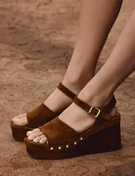 Suede Studded Wedge Open Toe Clog Tan female
