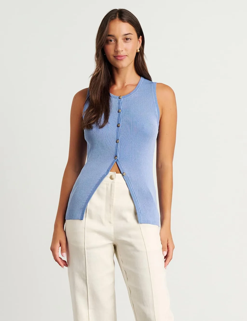 Ribbed Button Through Longline Vest Top Light Blue female - JAG - FashionsVida