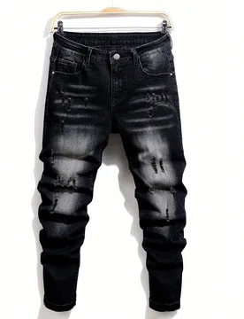 Jeans de mezclilla casuales de corte slim con efecto desgastado y lavado para hombre - Shein - FashionsVida