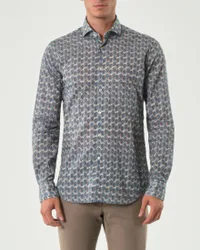 Camicia in mussola di cotone a fantasia geometrica indaco e rosa