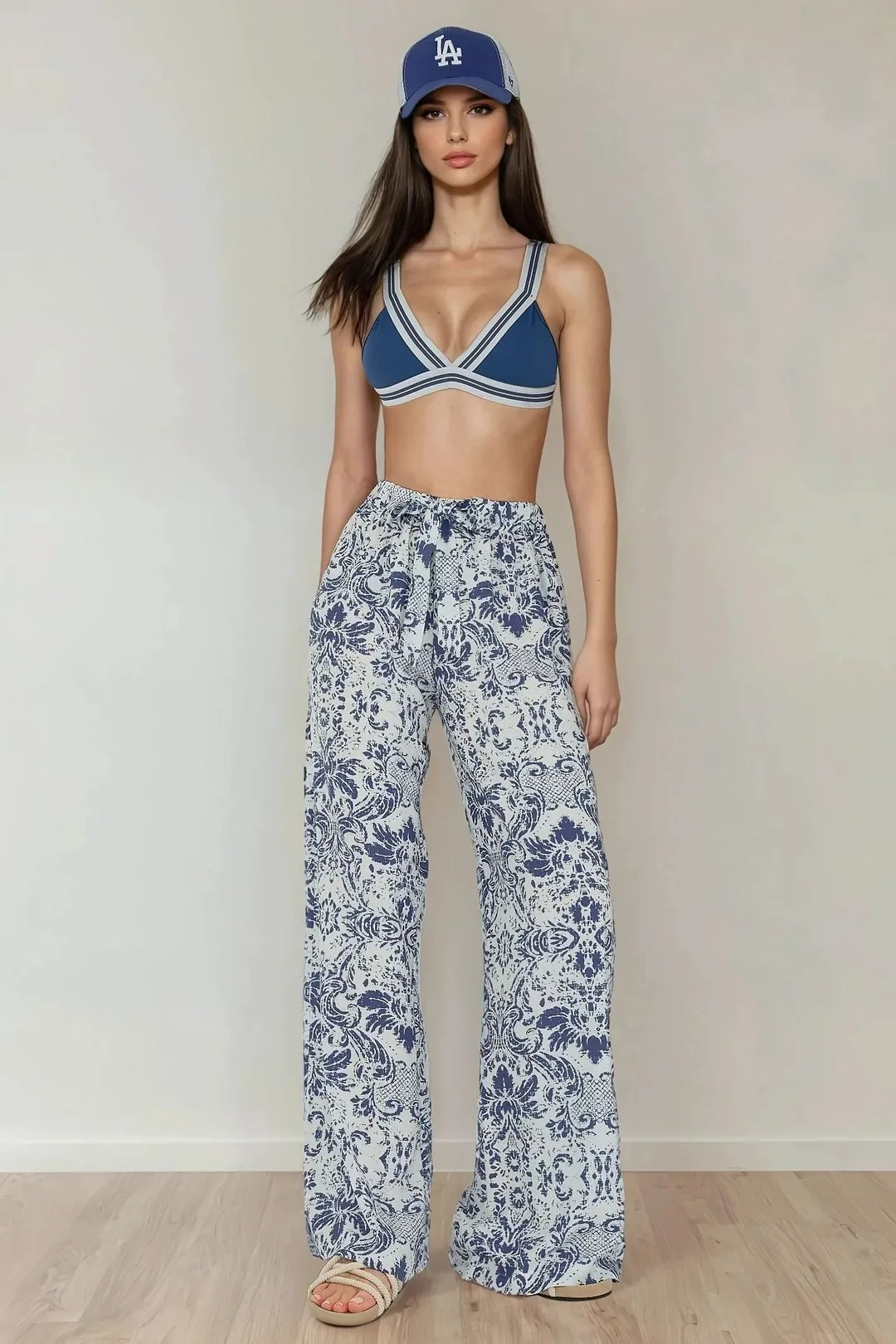 Womens Printed Wide Leg Pants With Drawstring - Orange - Size Small - Hiccup - FashionsVida