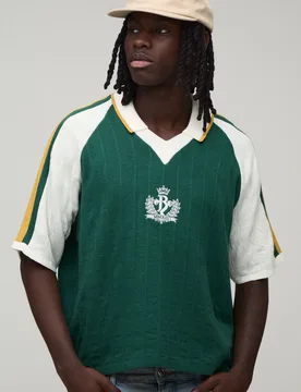Mens Boxy Varsity Embroidered Raglan Knitted Polo - Green - Size X-Small - boohooMAN - FashionsVida
