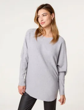 Long Sleeve Diamante Detailed Batwing Jumper - S/M / GEY MELANGE - female - Blue Vanilla - FashionsVida
