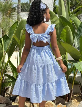 Vestido de línea A de unicolor tejido con volantes sin mangas y lazo a juego, estilo vacaciones para niñas y hermanas - Shein - FashionsVida