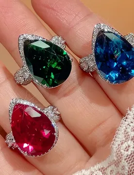 Adjustable Water Drop Emerald Ring 13*18mm Big Green Blue Ruby Zircon Wedding Band for Women Luxury Statement Jewelry Gift - Aliexpress - FashionsVida