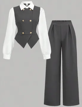 Conjunto informal de niña adolescente con camisa de solapa de doble botonadura y pantalones de unicolor - Shein - FashionsVida