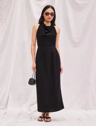 Cowl Neck Midaxi Column Dress with Linen Black female