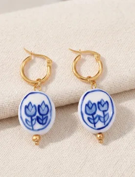 Classic Blue Floral Porcelain Dangle Earrings Gold Bead Accent Huggie Closure, Ideal Vintage Style Gift For Young Women - Aliexpress - FashionsVida