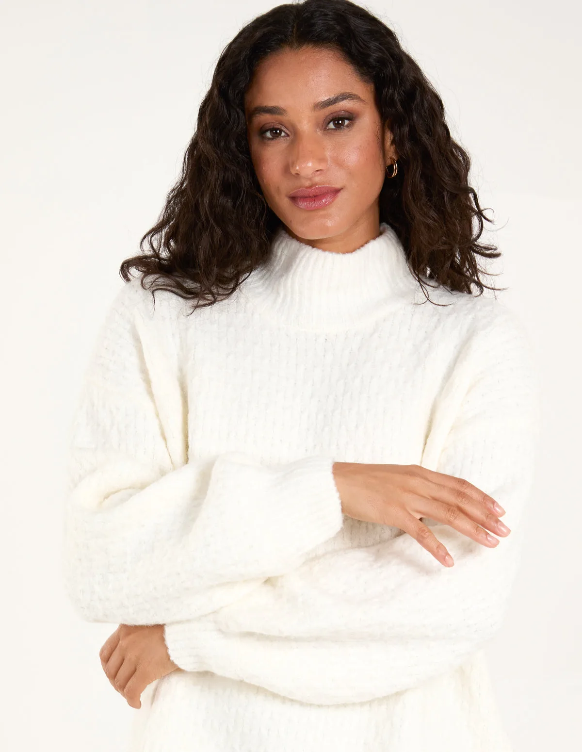 Womens Textured High Neck Jumper - Ivory - Size Small/medium - Blue Vanilla - FashionsVida