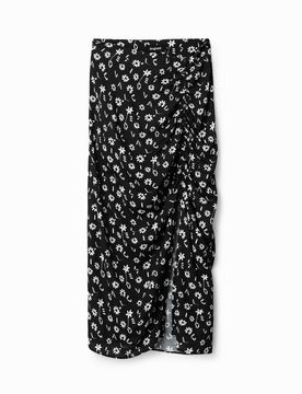Jupe midi ouverture fleurs, Viscose, Noir, XS