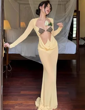 Yellow Prom Dress Sexy Summer Hollow V Neck Full Sleeves Long Party Gown Holiday Beach Formal Wedding Birthday Evening Robe - Aliexpress - FashionsVida