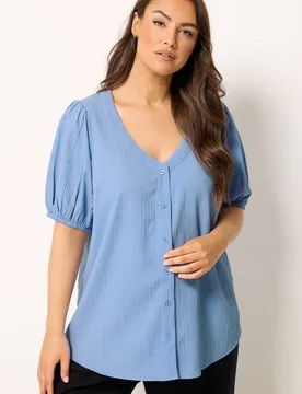 Women's Button Textured Blouse in Light Blue Size: 14 - Light Blue - Size: 14 - Yours - FashionsVida
