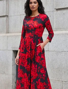 Women's Rose Print Gathered Stretch Midi Dress Size: 12 - Multicolor - Size: 12 - Roman - FashionsVida