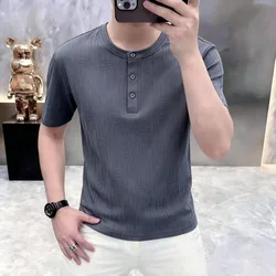Summer New Style Men's Solid Color Knitted Shirt Short-Sleeve T-Shirt Luxury Breathable Casual Multi-Complimenting Round Co