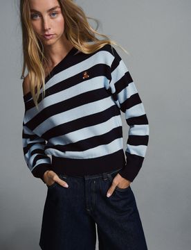 Pull Col Bateau Broderie Ours M Bleu