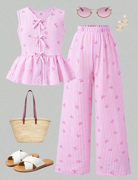 Conjunto de 2 piezas de blusa sin mangas con lazo y botón, y pantalones alargados para niñas preadolescentes