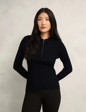 Ribbed Collared Half Zip Knitted Shirt Black Mix female - Hobbs - FashionsVida