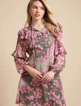 Women's Green Floral Patchwork Frill Yoke Printed Chiffon Mini Dress Size: 16 - Green - Size: 16 - Dorothy perkins - FashionsVida