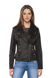 Womens Vintage Black Brando Biker Jacket-Constantia - Black/brown Lamb Leather - Size 18 Uk