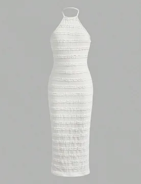 Vestido de punto texturizado con cuello ajustado blanco, elegante y casual para vacaciones de verano, adecuado para uso diario, vestido de verano, vac - Shein - FashionsVida