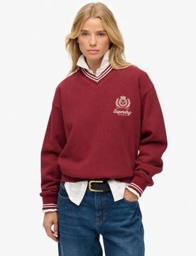 Superdry Damen Baumwolle Gesticktes Logo Country Club Sweatshirt Mit V-Ausschnitt, Rot, Größe: 38
