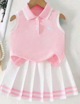 Conjunto de 2 piezas para niñas con polo de cuello y camiseta sin mangas de color contrastante + falda estilo escolar, adecuado para actividades diar