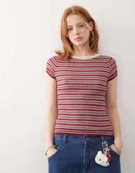 Womens Short Sleeve Knitted Top In Dark Red - Size X-Small