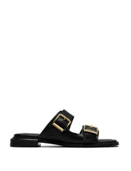 Leather Buckle Flat Sandals Black female