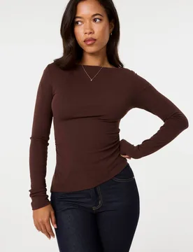 Women's Brown Asymmetric Boat Neck Long Sleeve Top Size: Medium - Brown - Size: M - Pink Vanilla - FashionsVida