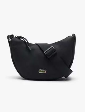Borsa piccola nera a mezza luna in nylon con logo applicato sul davanti e tracolla in tessuto - Lacoste - FashionsVida