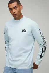 Herren Gewaschenes Blaues Übergroßes Flammen-Print Langarm-Oberteil Washed Blue Größe XS