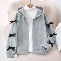 Sudadera con cremallera para niña preadolescente, nueva sudadera con capucha de manga larga para otoño/invierno, parte superior gris jaspeado con la