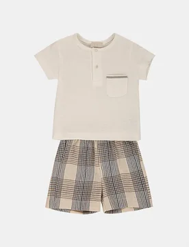 Completo in misto viscosa lino e cotone composto da t-shirt color panna e bermuda tartan blu e beige - Lalalù - FashionsVida