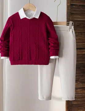 Piezas Trajes para niños pequeños, sudadera de cuello redondo con jacquard de manga larga y pantalones casuales con decoración de cinturón, versá - Shein - FashionsVida