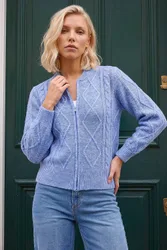 Women's Petite Cable Knit Zip Up Cardigan Sweater in Blue Size: 14 - Blue - Size: 14