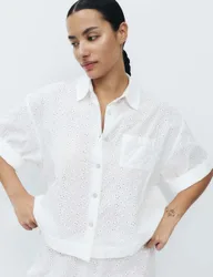 Pure Cotton Broderie Short Sleeve Pyjama Shirt White female