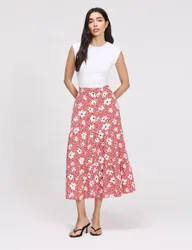Floral Button Front Midi Tiered Skirt Red Mix female