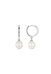 Pearl Drop Huggie Hoop Earrings - Silver